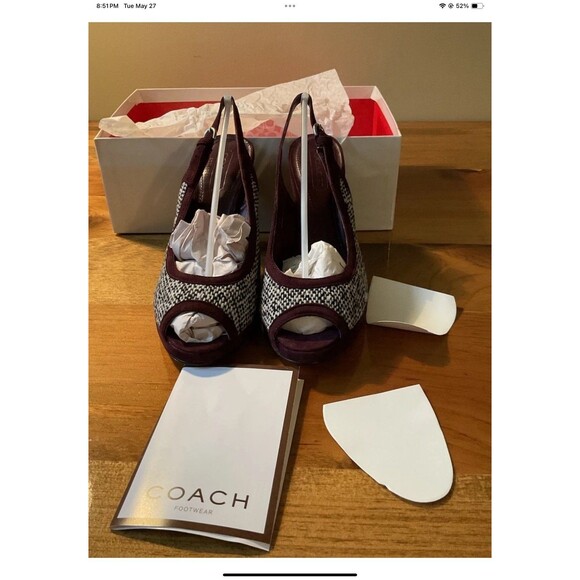 Coach Womans 7.5 Lorilee Burgandy/Black/White Tweed Sling Back Pump A3145 NEW - Picture 6 of 8